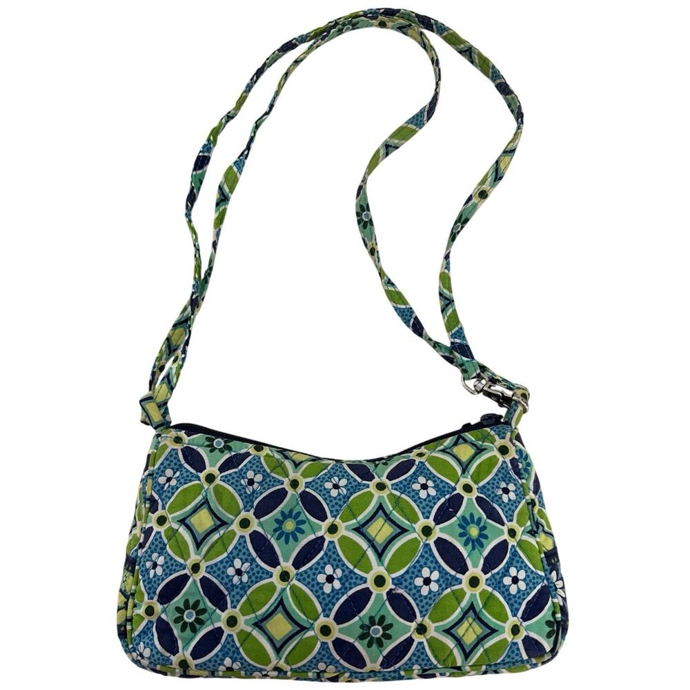 Y2K Vera Bradley Diamond Quilted Cotton Mini Shoulder Bag Blue Green Daisy Print